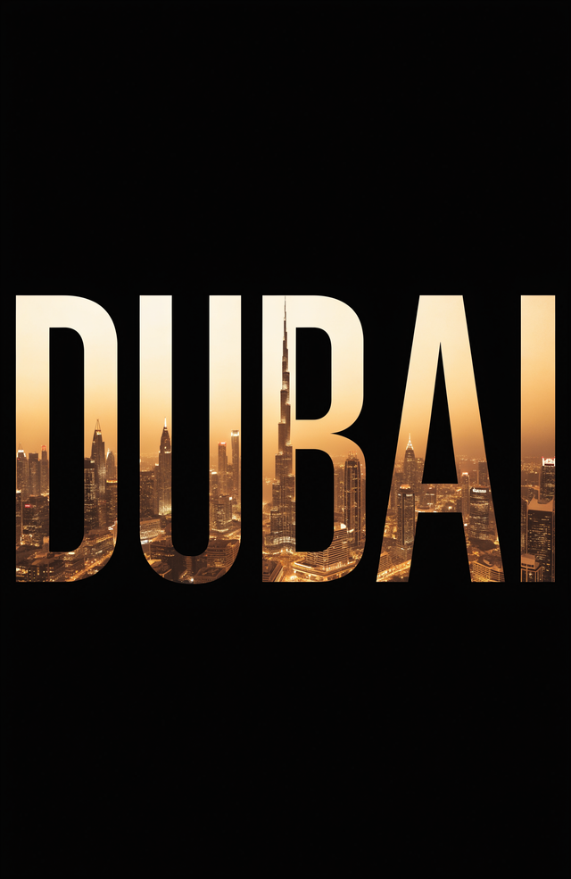 The name DUBAI is cut from the night skyline, amber and gold city light filling every letter