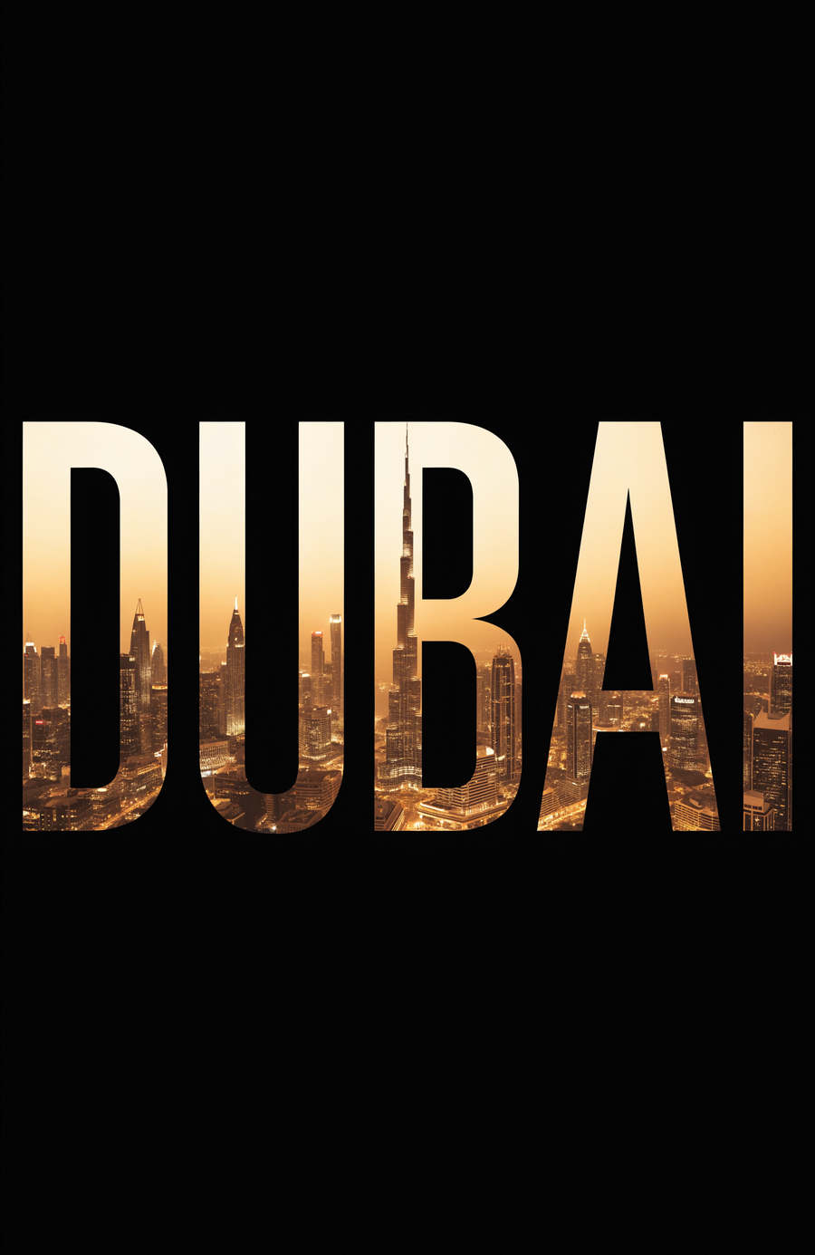 The name DUBAI is cut from the night skyline, amber and gold city light filling every letter
