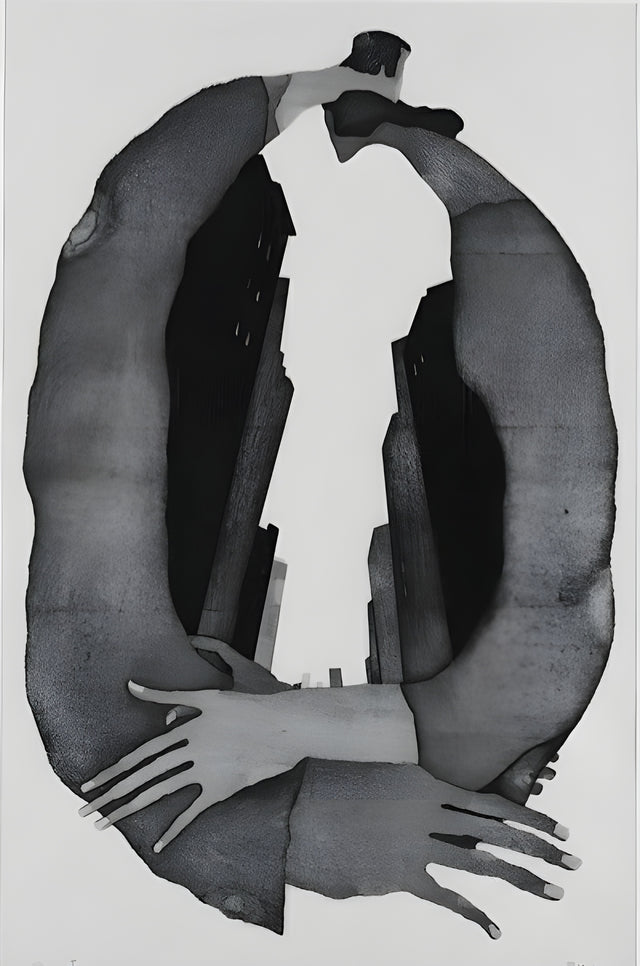 Embrace - two figures built from ink shapes, arms and hands folding round each other, on a metal wall art plate