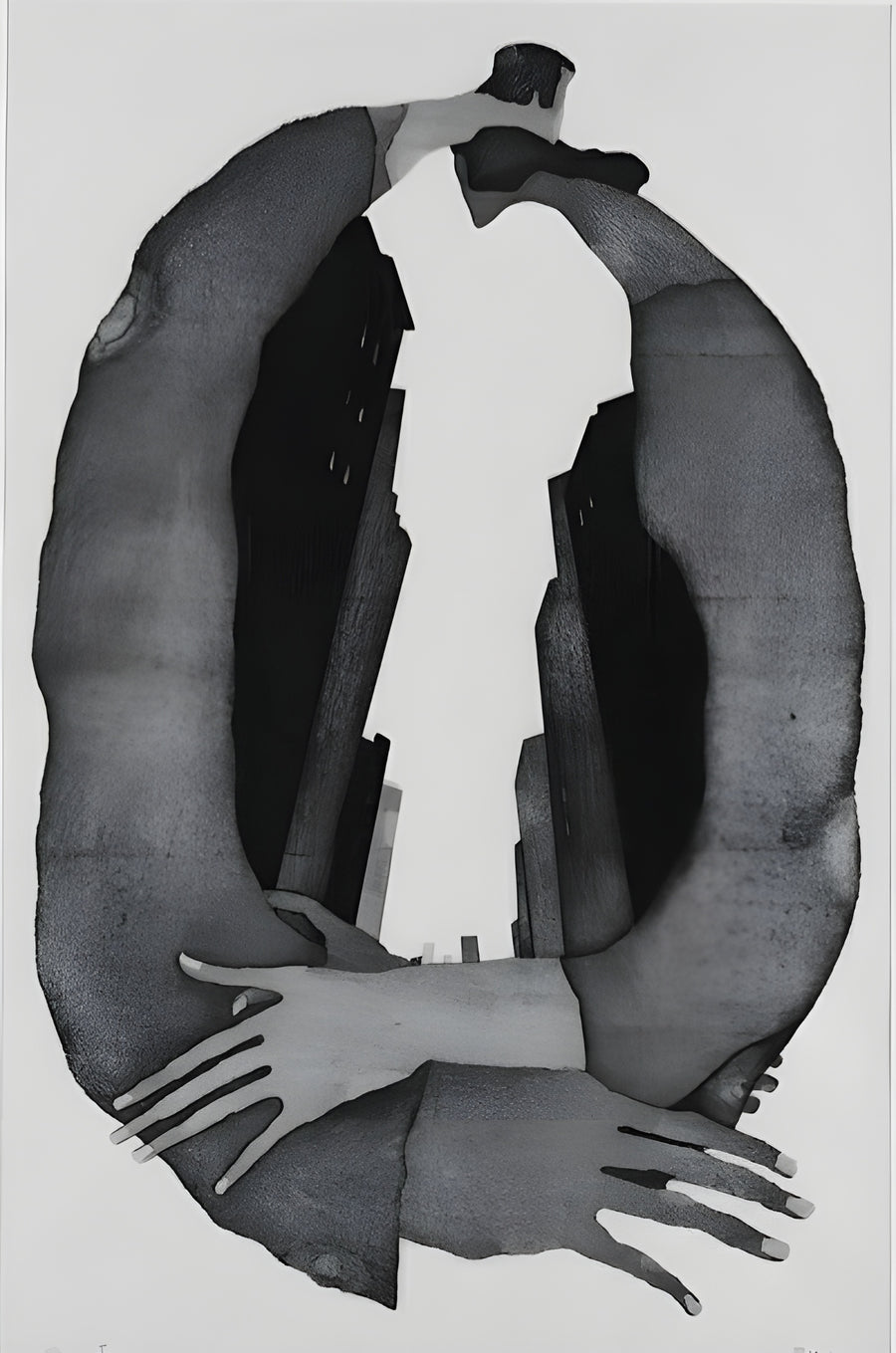 Embrace - two figures built from ink shapes, arms and hands folding round each other, on a metal wall art plate