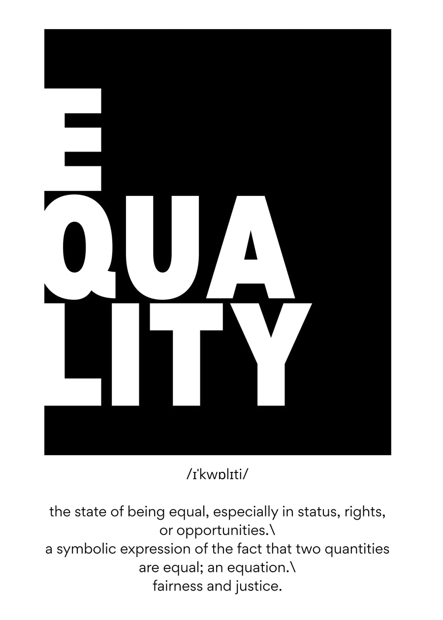 Equality – Definition - eQUALITY reversed out of a black square, with the phonetic spelling /ɪˈkwɒlɪti/ and the, on a metal wall art plate