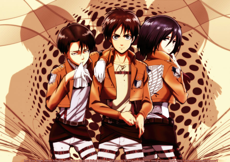 Eren, Mikasa and Armin – Portrait - the three of them together in their scout jackets, warm vintage palette, on a metal wall art plate
