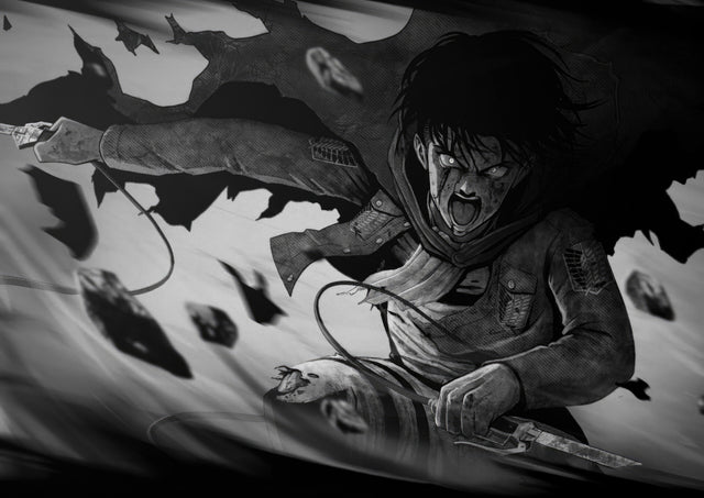 Eren Yeager – Monochrome - eren in stark monochrome, blades out against a shattered sky, on a metal wall art plate