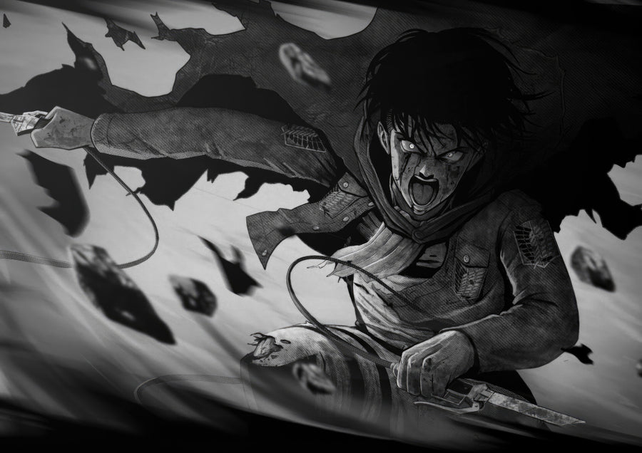 Eren Yeager – Monochrome - eren in stark monochrome, blades out against a shattered sky, on a metal wall art plate