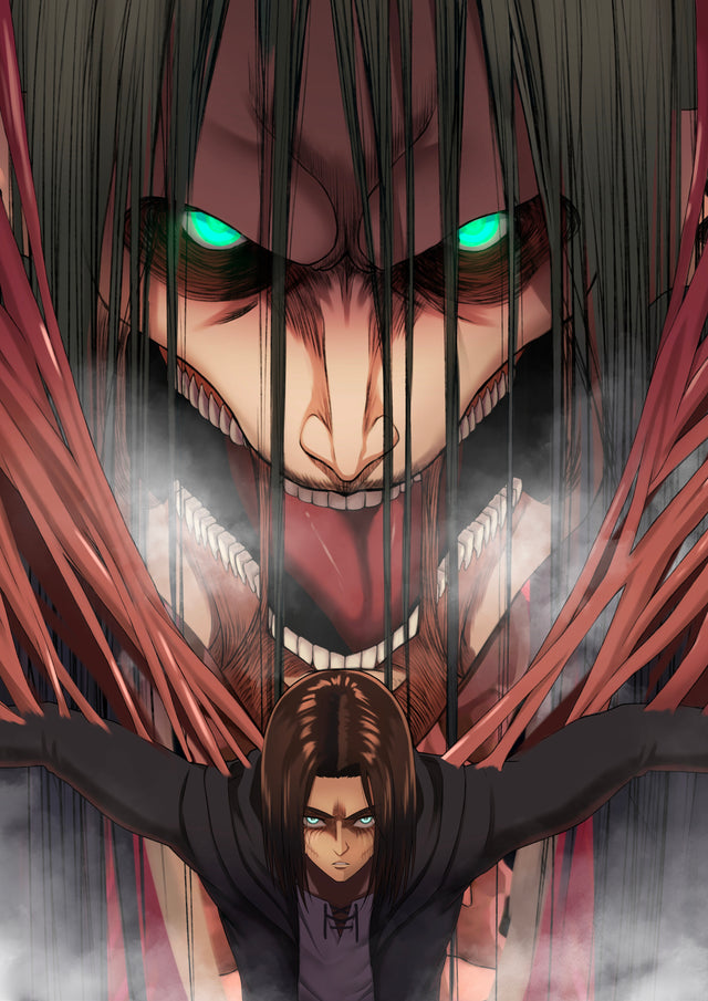 Eren Yeager – Panel - eren small beneath the founding titan's face, arms spread, on a metal wall art plate