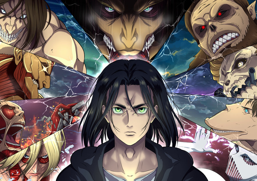 Eren Yeager – Portrait - eren calm in the foreground with the titans massed behind him, on a metal wall art plate