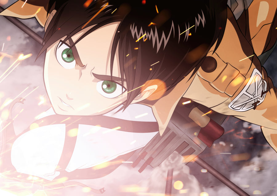 Eren Yeager – Smoke - eren close up mid-flight, gear trailing smoke, on a metal wall art plate