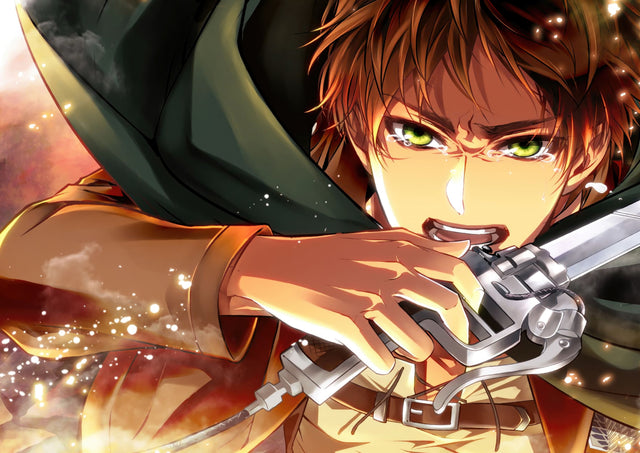 Eren Yeager – Study - a scout biting down, hand raised, gear catching the light, on a metal wall art plate