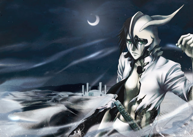 Espada – Under the Moon - a white-cloaked swordsman on the sands beneath a crescent moon, on a metal wall art plate