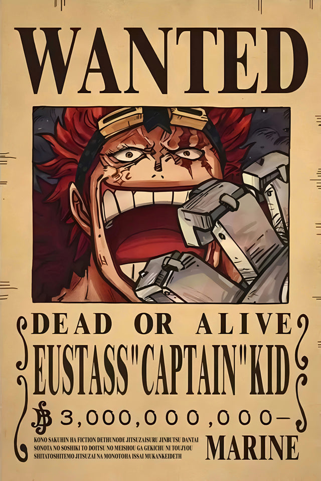 Eustass Kid – Bounty Poster - a bounty poster for Eustass Captain Kid, 3,000,000,000 berries, on a metal wall art plate