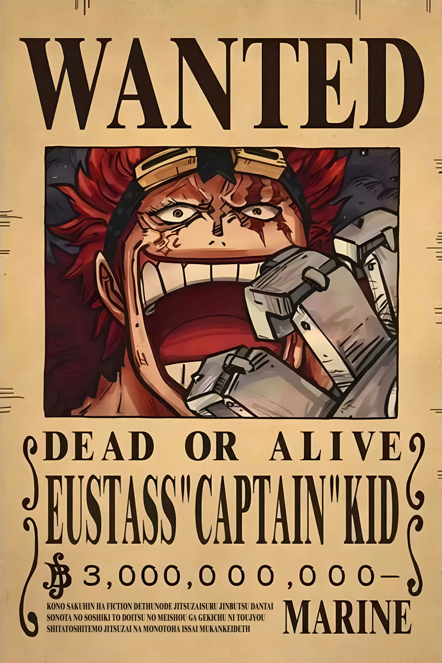 Eustass Kid – Bounty Poster - a bounty poster for Eustass Captain Kid, 3,000,000,000 berries, on a metal wall art plate