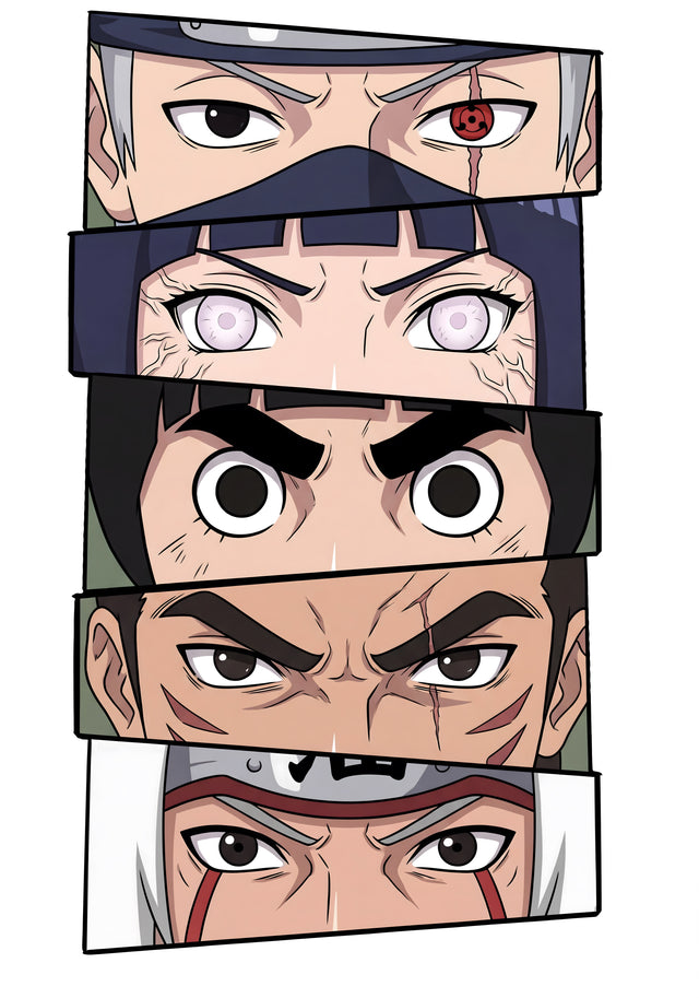 Eyes of Konoha – Eyes - five sets of eyes stacked in strips, one character each, on a metal wall art plate