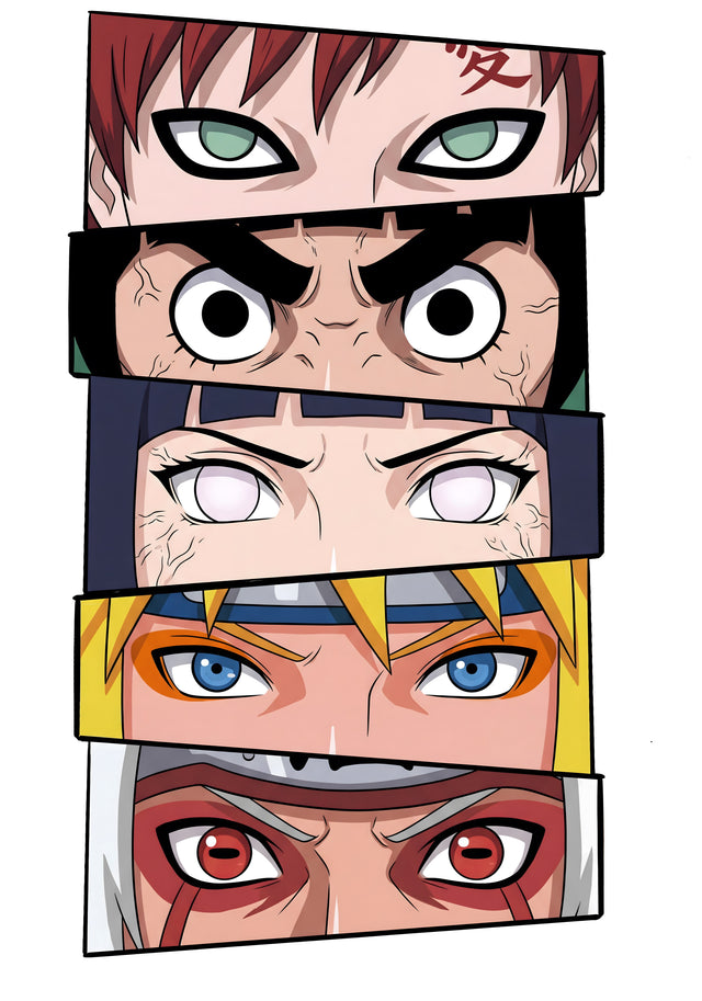 Eyes of the Sand – Eyes - five sets of eyes stacked in strips, Gaara at the top, on a metal wall art plate