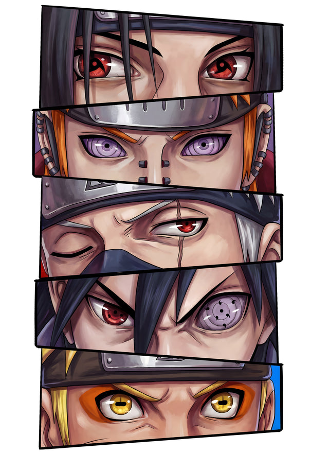 Eyes of the Uchiha – Sharingan - five sets of eyes stacked in strips, sharingan and rinnegan among them, on a metal wall art plate