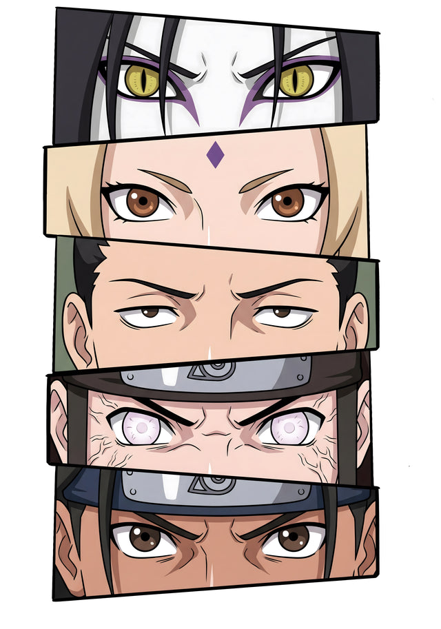 Eyes of the Village – Eyes - five sets of eyes stacked in strips, drawn flat and graphic, on a metal wall art plate