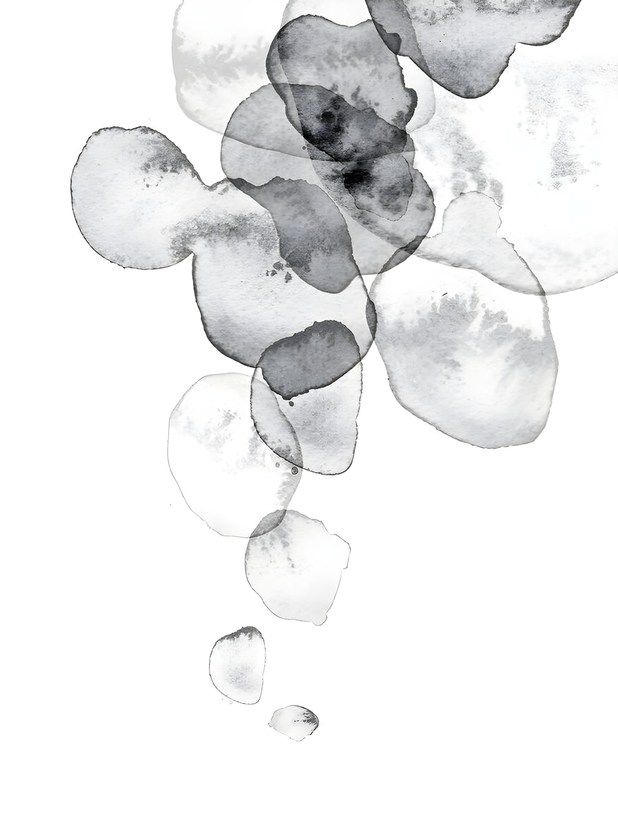 Falling Circles - watercolour circles in grey drifting down the page, overlapping as they go, on a metal wall art plate