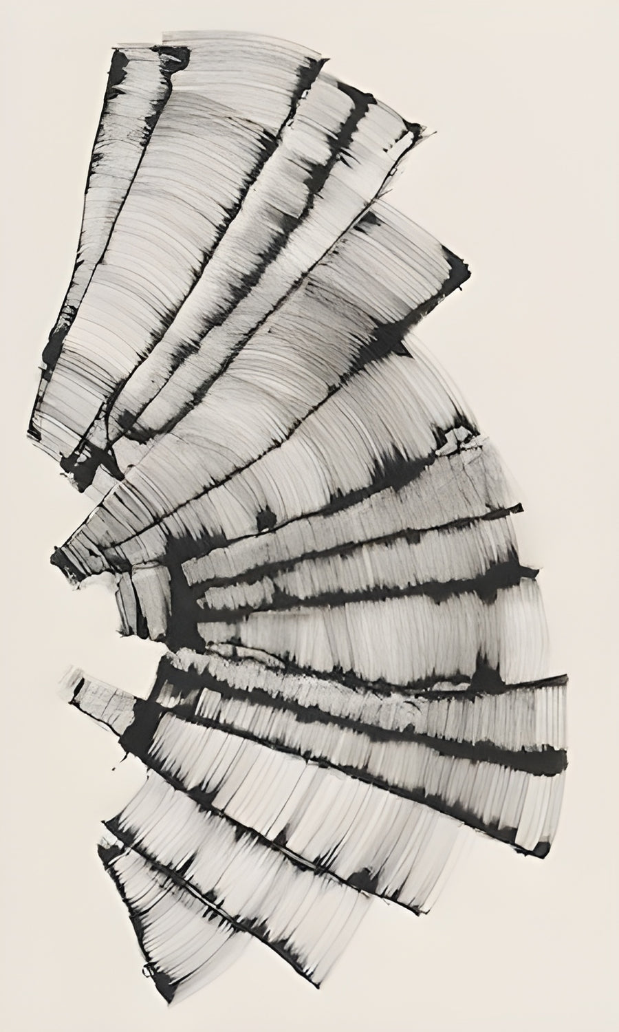 Fan Strokes - brushstrokes fanned out like folded paper, combed through with fine lines, on a metal wall art plate