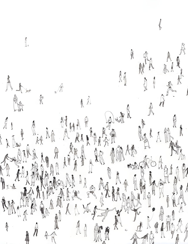 Far Crowd - hundreds of tiny figures drawn small across white, a park seen from very high up, on a metal wall art plate