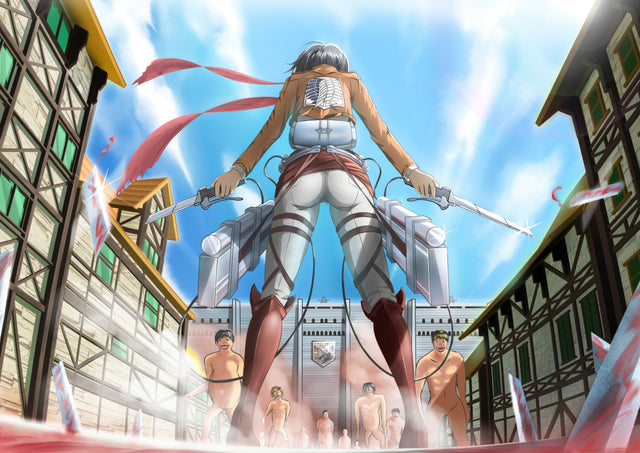 Female Titan – Among the Titans - the Female Titan striding between the houses, scouts scattering, on a metal wall art plate