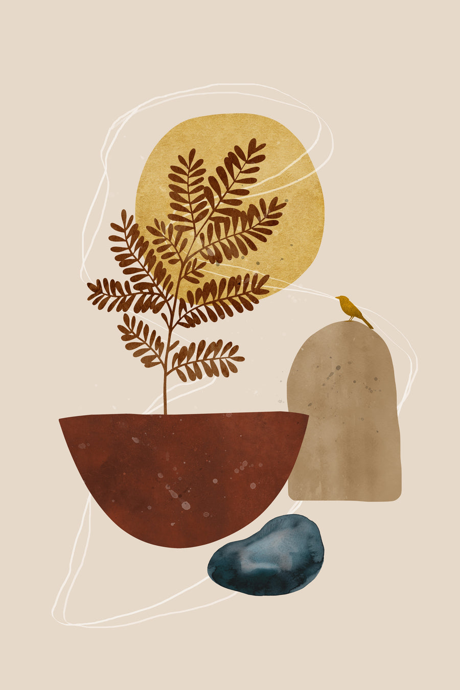 Fern & Finch - a brown fern rises from a deep rust bowl beside a golden circle, a pale stone and a small perched bird, on a metal wall art plate