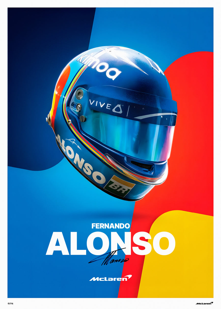 Fernando Alonso – Helmet Poster - alonso's helmet against blocks of blue, red and yellow, visor catching the light, on a metal wall art plate