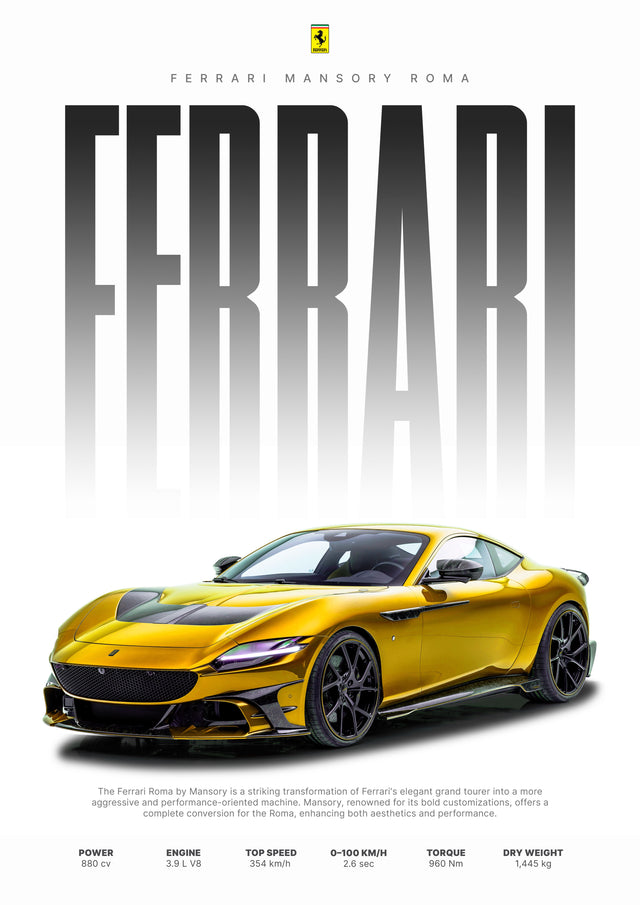 Ferrari Mansory Roma – Spec Poster - the Mansory Roma in gold, a grand tourer turned aggressive, under the marque in tall fading, on a metal wall art plate