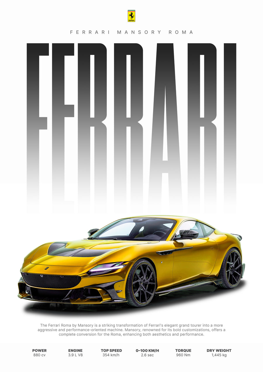 Ferrari Mansory Roma – Spec Poster - the Mansory Roma in gold, a grand tourer turned aggressive, under the marque in tall fading, on a metal wall art plate