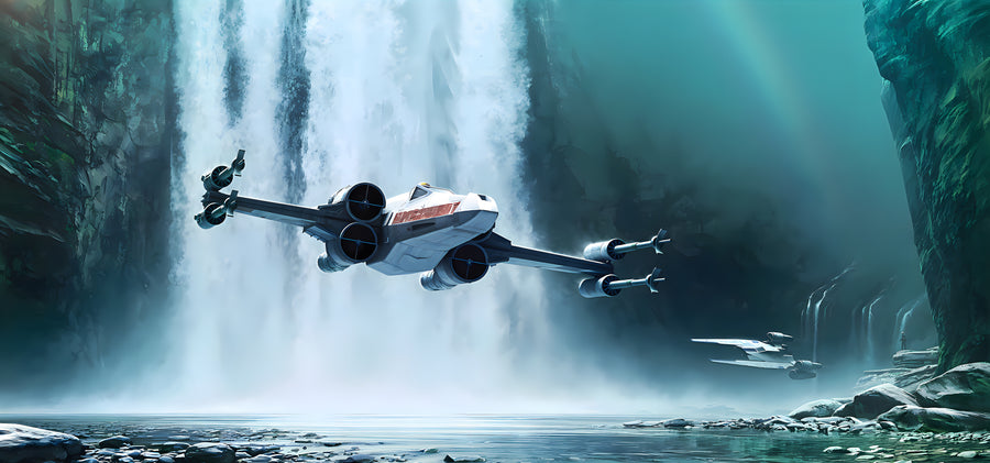 Fighters at the Falls - two fighters running the gorge in front of a waterfall, on a metal wall art plate
