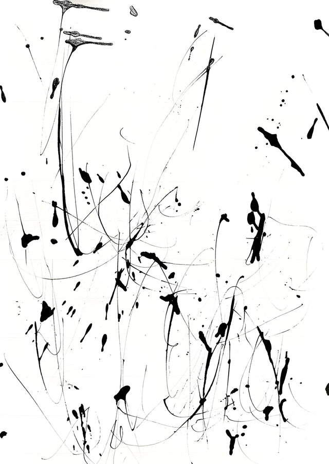 Flicked Ink - ink flicked and dripped across white, fine threads between the heavier marks, on a metal wall art plate