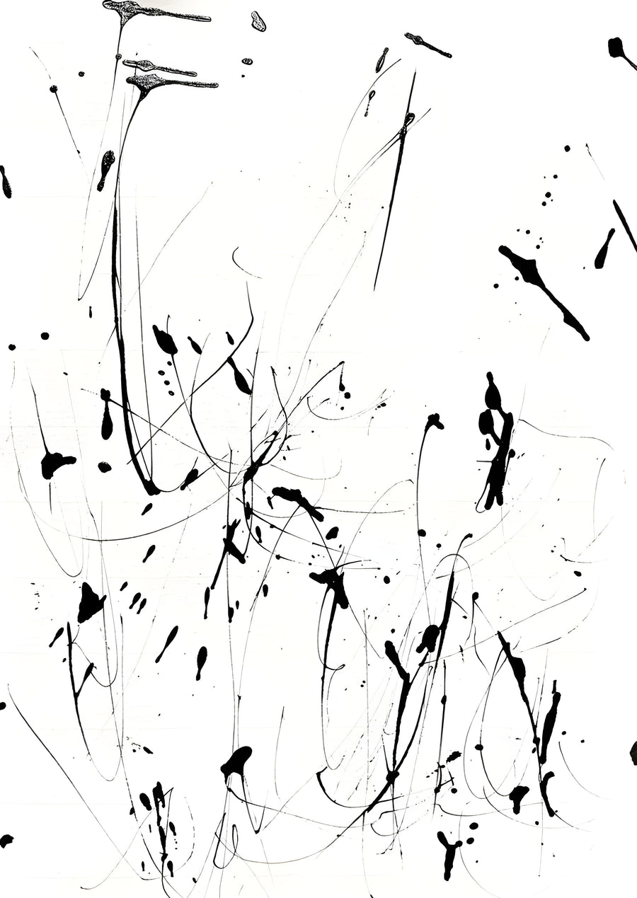Flicked Ink - ink flicked and dripped across white, fine threads between the heavier marks, on a metal wall art plate