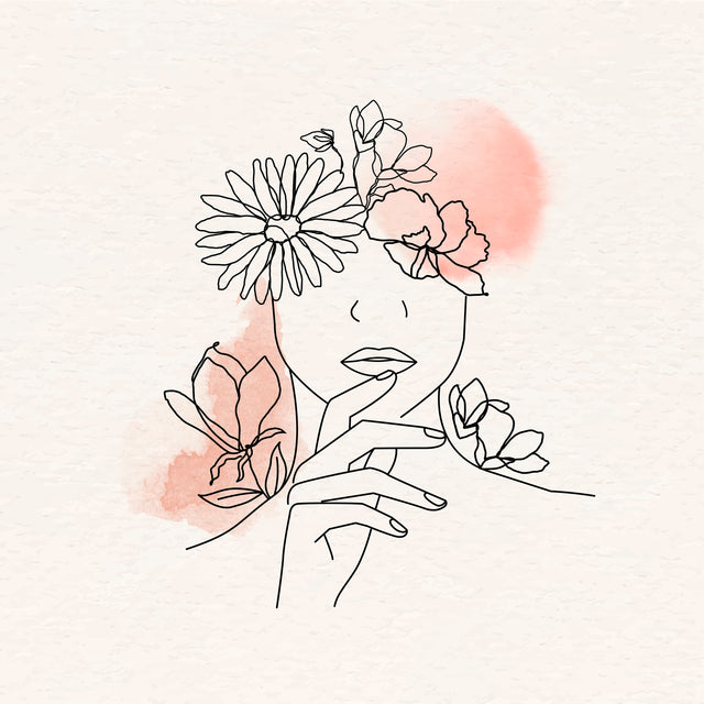 Floral Line Portrait - a continuous black line forms a serene feminine portrait surrounded by delicate flowers and soft blush washes