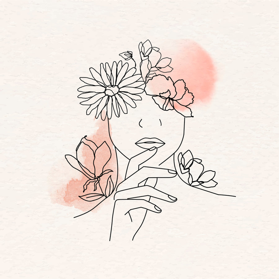 Floral Line Portrait - a continuous black line forms a serene feminine portrait surrounded by delicate flowers and soft blush washes