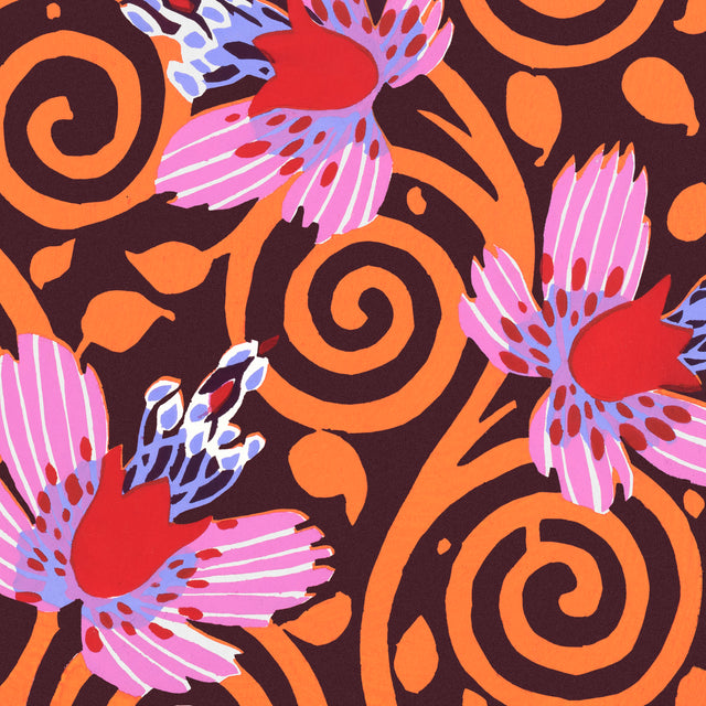 Folk Birds & Spirals - bright folk-style birds fly through bold orange spirals, deep plum shapes and pink patterned wings, on a metal wall art plate