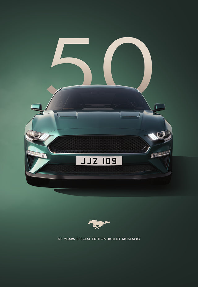Ford Mustang Bullitt 50 Years - ford Mustang Bullitt 50 Years — dark green on sage, on a metal wall art plate