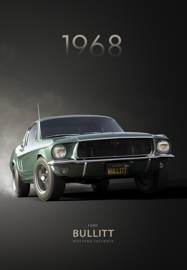 Ford Mustang Fastback Bullitt - ford Mustang Fastback Bullitt — dark green in smoke, on a metal wall art plate