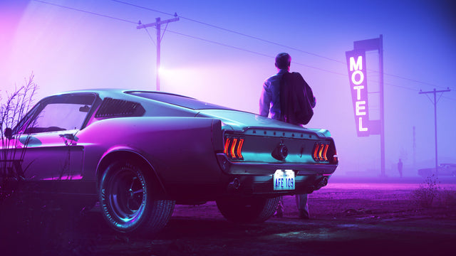 Ford Mustang - ford Mustang — muscle car at a neon motel, on a metal wall art plate