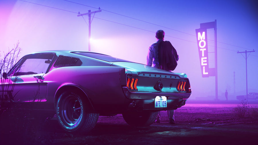 Ford Mustang - ford Mustang — muscle car at a neon motel, on a metal wall art plate