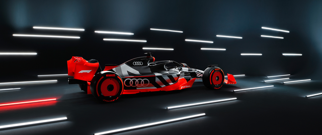 Formula 1 – Black and Red, Light Tunnel - a Formula 1 car in black and red, Audi livery, shot against a clean studio ground, on a metal wall art plate