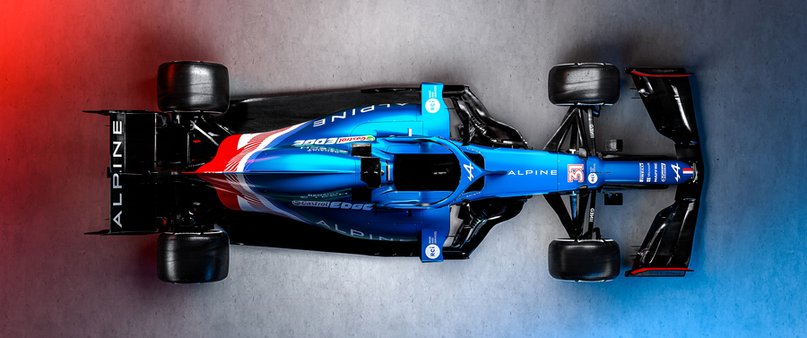 Formula 1 – Blue and Red from Above - a Formula 1 car in blue and red, shot against a clean studio ground, on a metal wall art plate