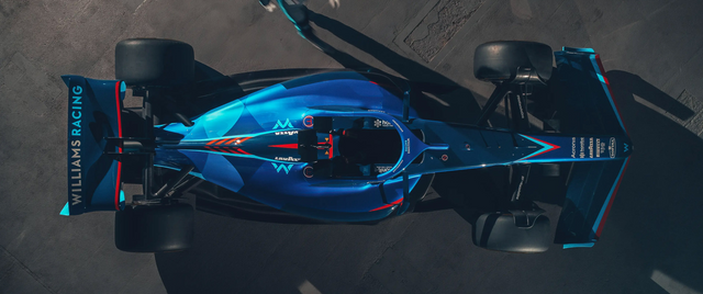 Formula 1 – Deep Blue from Above - a Formula 1 car in blue, shot against a clean studio ground, on a metal wall art plate