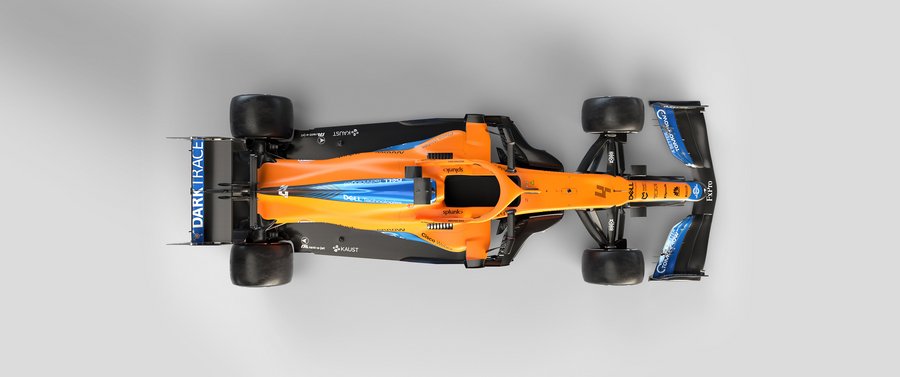 Formula 1 – Papaya from Above - a Formula 1 car in papaya orange, shot against a clean studio ground, on a metal wall art plate