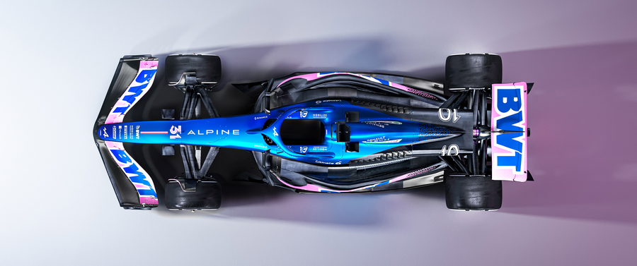 Formula 1 – Pink and Blue from Above - a Formula 1 car in blue and pink, shot against a clean studio ground, on a metal wall art plate