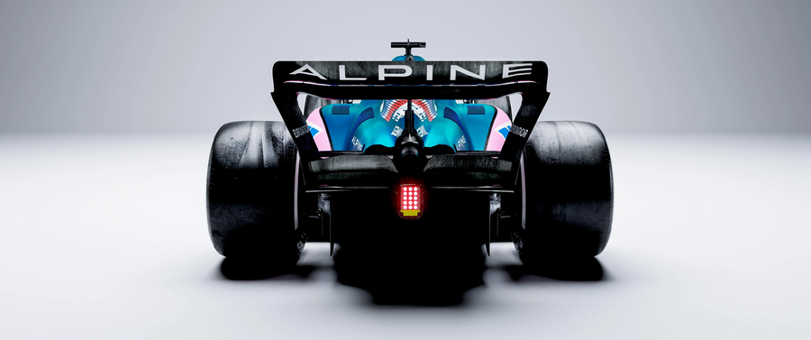 Formula 1 – Pink Livery Head On - a Formula 1 car in front view, Alpine livery, shot against a clean studio ground, on a metal wall art plate