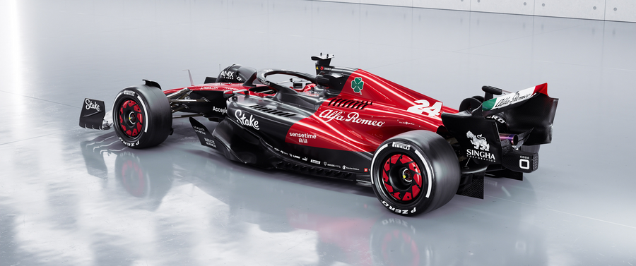 Formula 1 – Red and Black in Profile - a Formula 1 car in red and black side view, Alfa Romeo livery, shot against a clean studio, on a metal wall art plate