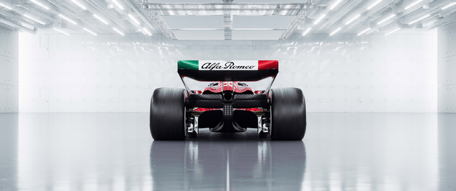 Formula 1 – Red and White, Rear View - a Formula 1 car in red and white, Alfa Romeo livery, shot against a clean studio ground, on a metal wall art plate