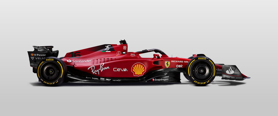 Formula 1 – Scarlet on White - a Formula 1 car in red side view on white, Ferrari livery, shot against a clean studio ground, on a metal wall art plate