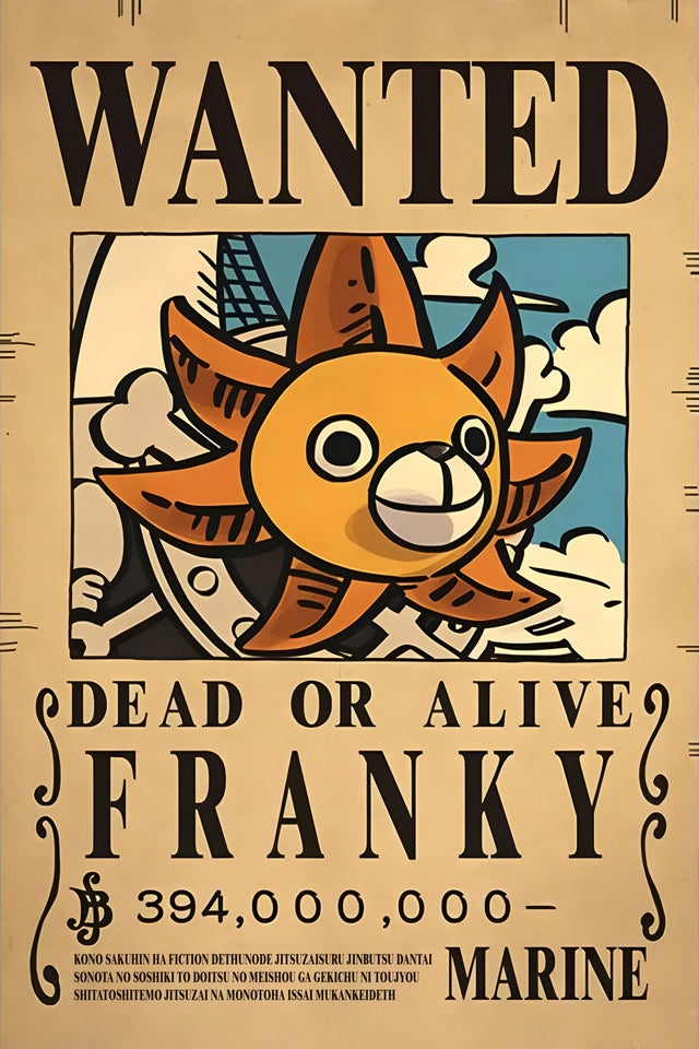 Franky – Bounty Poster - a bounty poster for Franky, 394,000,000 berries, dead or alive, on a metal wall art plate
