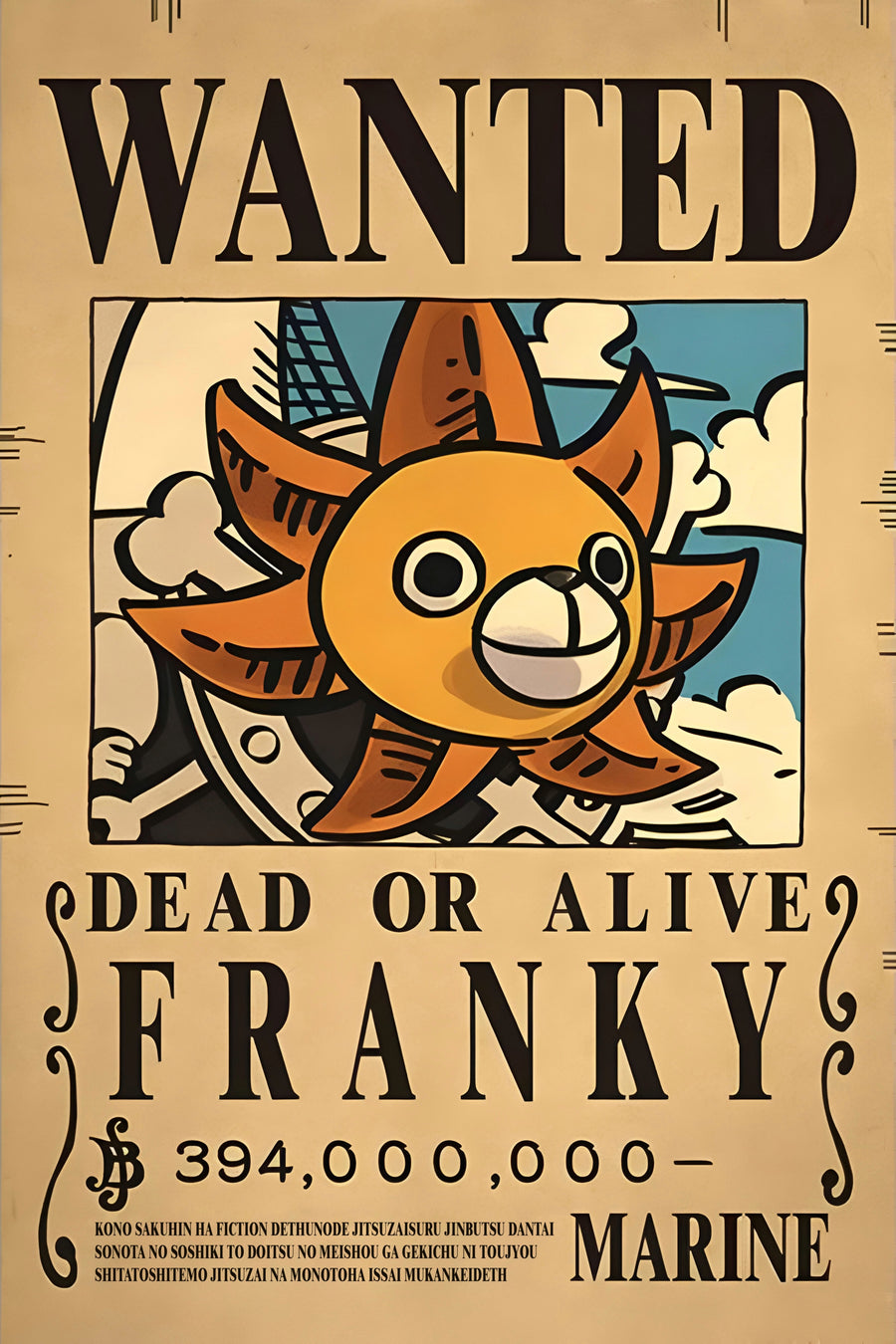 Franky – Bounty Poster - a bounty poster for Franky, 394,000,000 berries, dead or alive, on a metal wall art plate