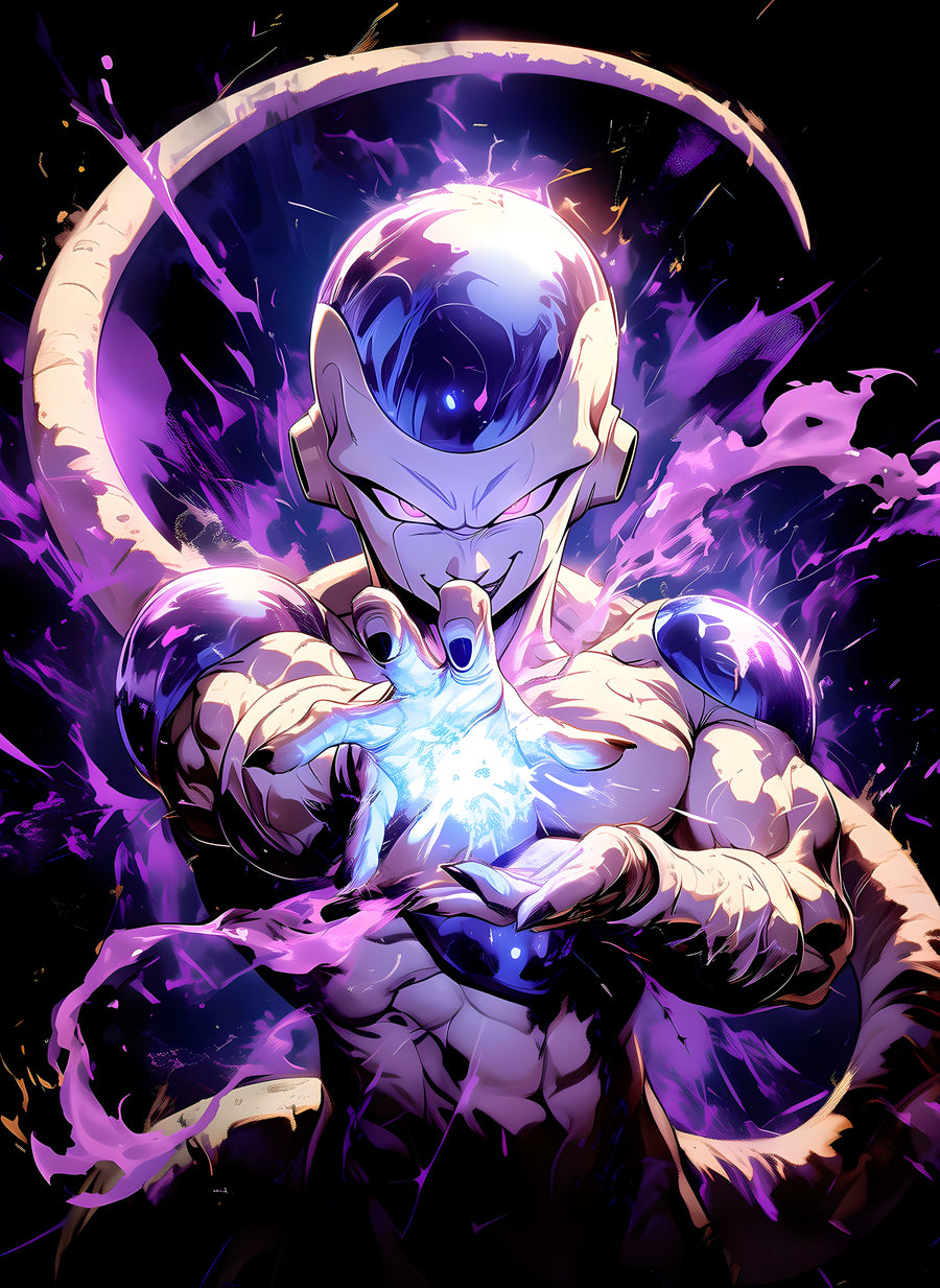 Frieza – In Violet - frieza holding a ball of energy, violet light spilling round him, on a metal wall art plate