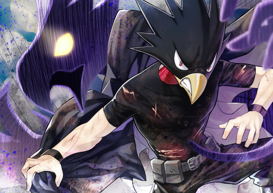 Fumikage Tokoyami – In Black - tokoyami crouched with Dark Shadow spreading behind him, on a metal wall art plate